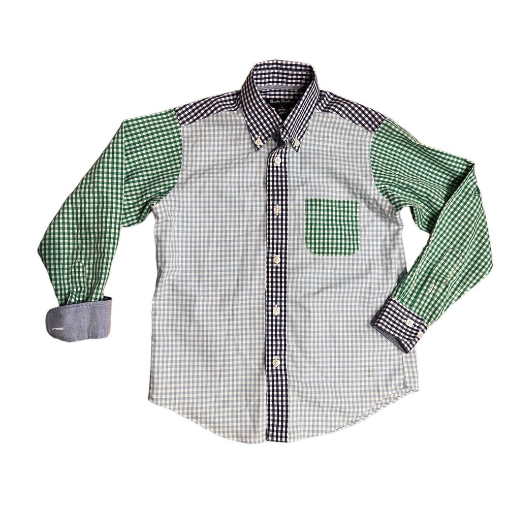 BROOKS BROTHERS Shirt Boys S Blue Green‎ Check Button Up “Red Fleece” Colorblock